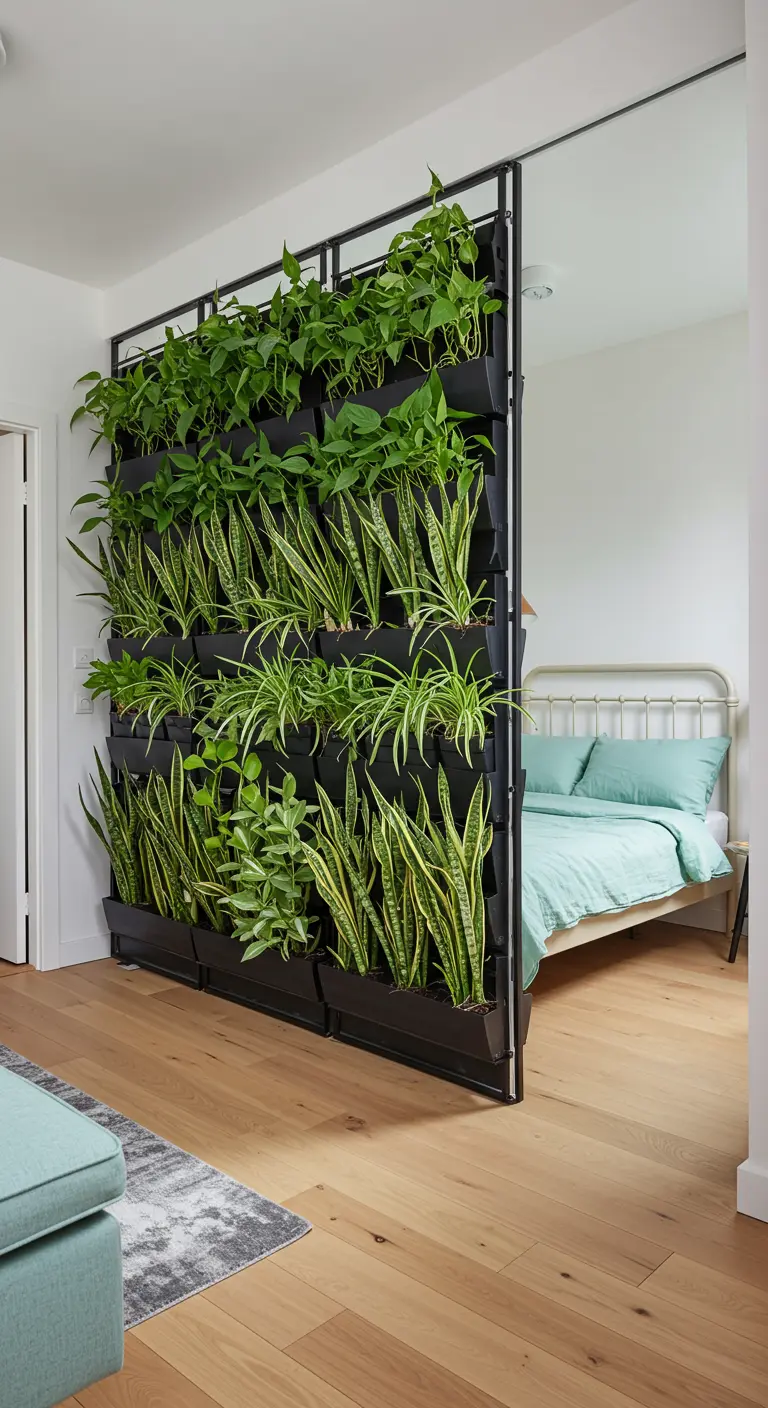 A freestanding black metal plant wall acting as a room divider for a bedroom.