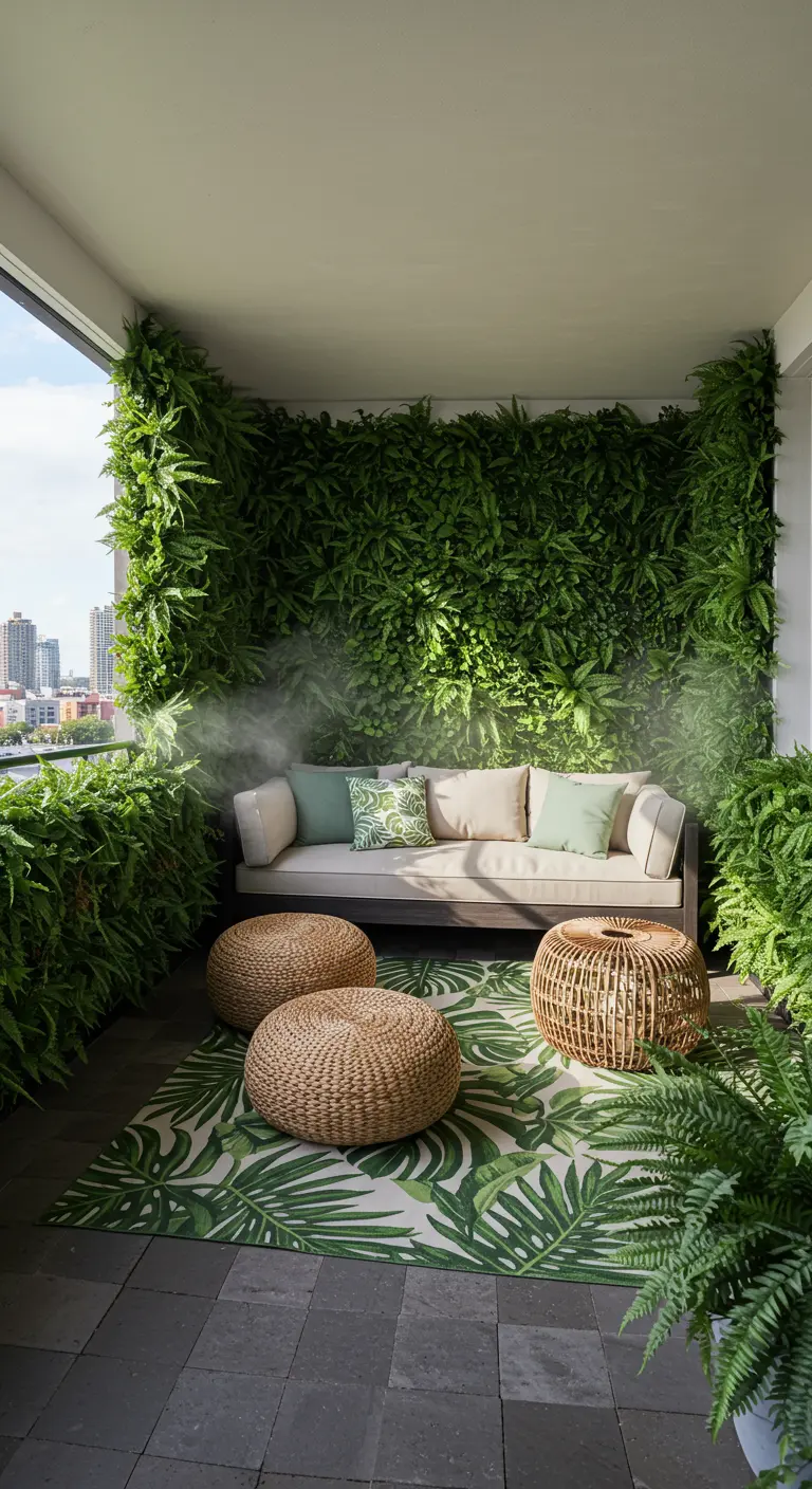 A balcony with a full green wall, sofa, and a large tropical leaf rug.
