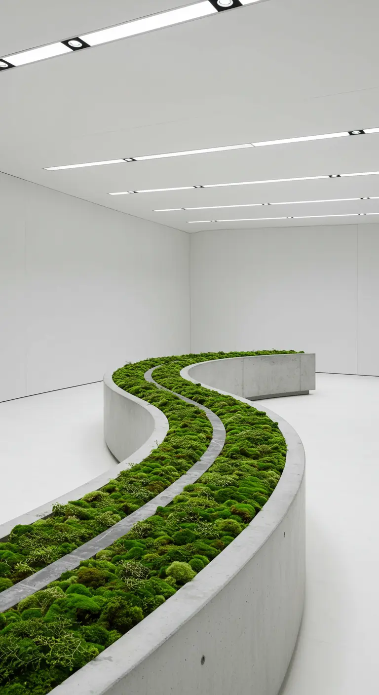 A large, curving concrete planter filled with various types of green moss in a white room.