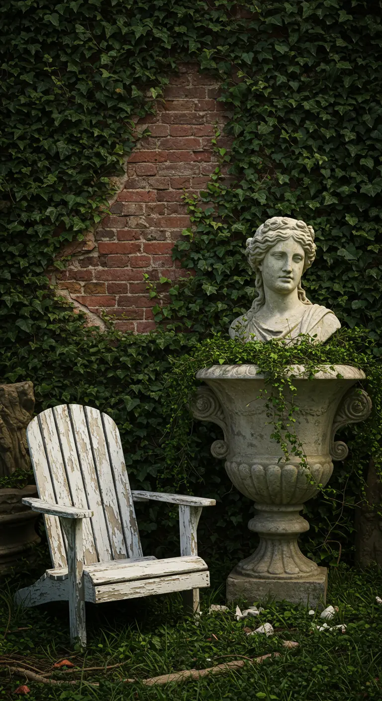 A classical bust sits in a large stone urn with vines growing over it, next to a chair.