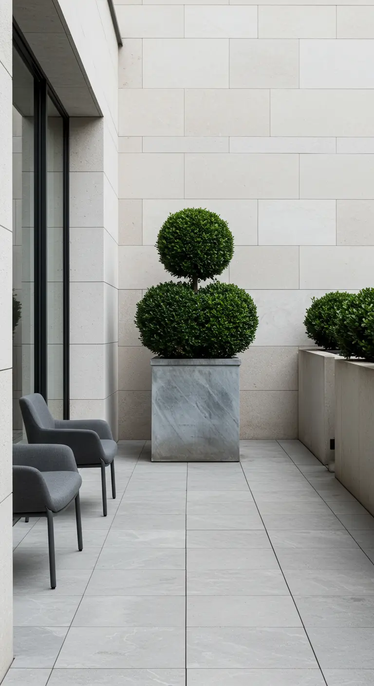 A large, two-tiered topiary in a square stone pot on a minimalist patio.