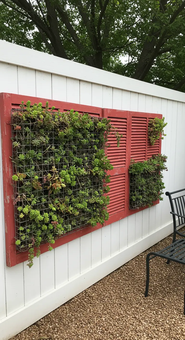 A bold red shutter with its entire center filled with green succulents.