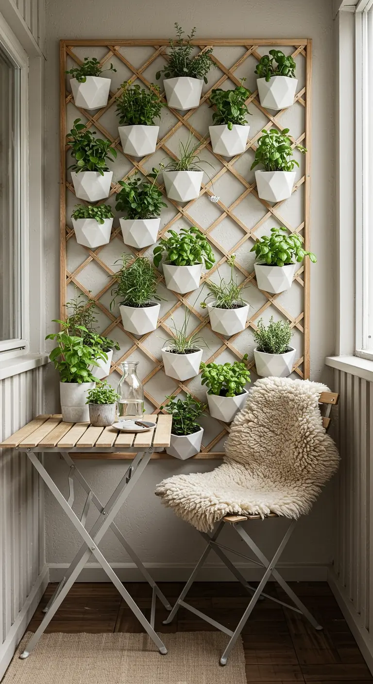 A vertical garden on a trellis with numerous white geometric pots holding fresh herbs.
