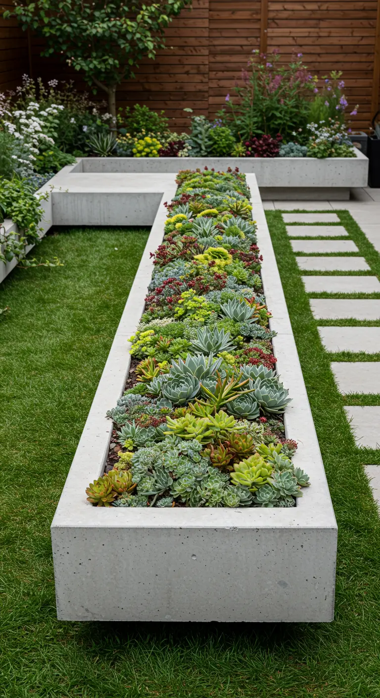 A long, concrete trough-style bench filled entirely with a dense arrangement of colorful succulents.