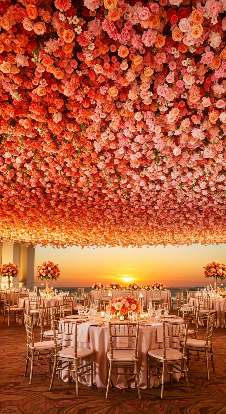 An ombré ceiling of roses in sunset shades of pink, peach, and orange over round tables.