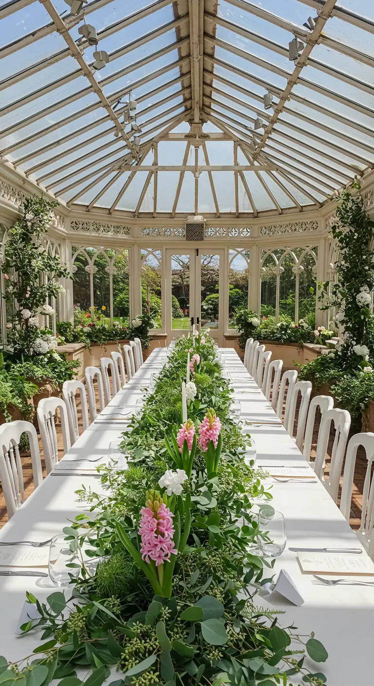 Long white table in a sunroom with a dense runner of greenery and pink hyacinths.