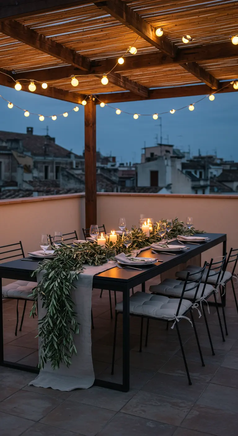 A rooftop dining table set for dinner with an olive branch garland as a centerpiece.