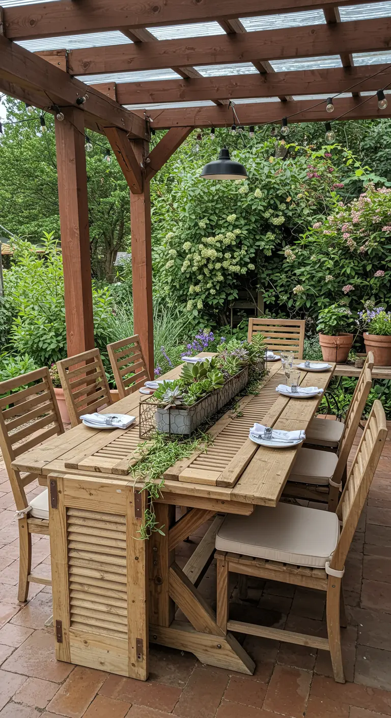 An outdoor dining table features a long shutter with a succulent planter as a centerpiece.