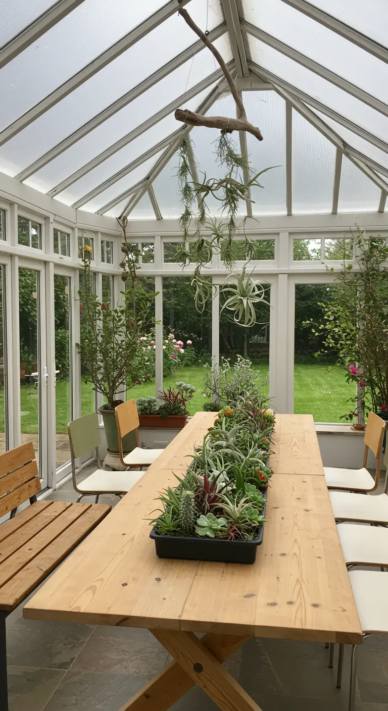Conservatory dining table with a long planter of succulents as a runner.