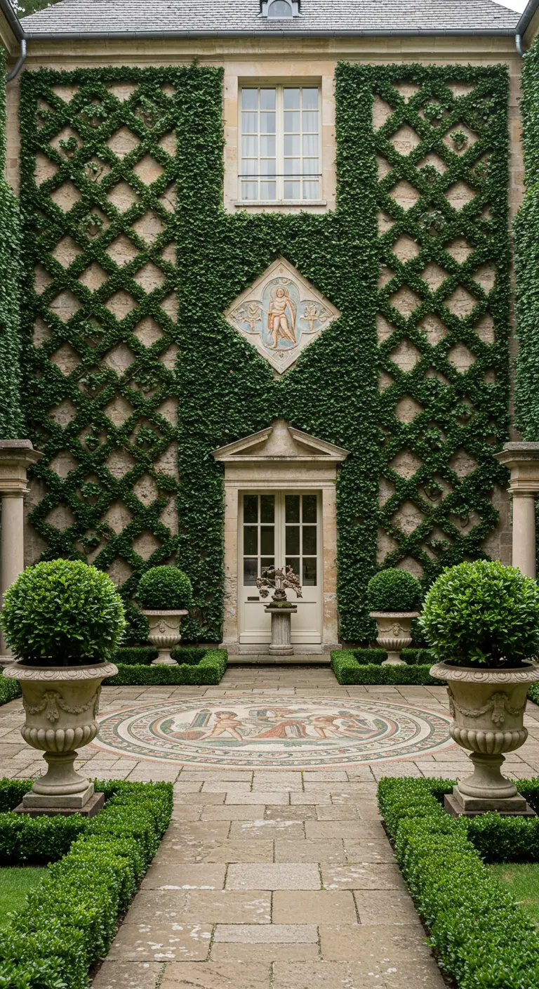Grand facade with diamond-patterned ivy, a central mosaic, and symmetrical topiaries.