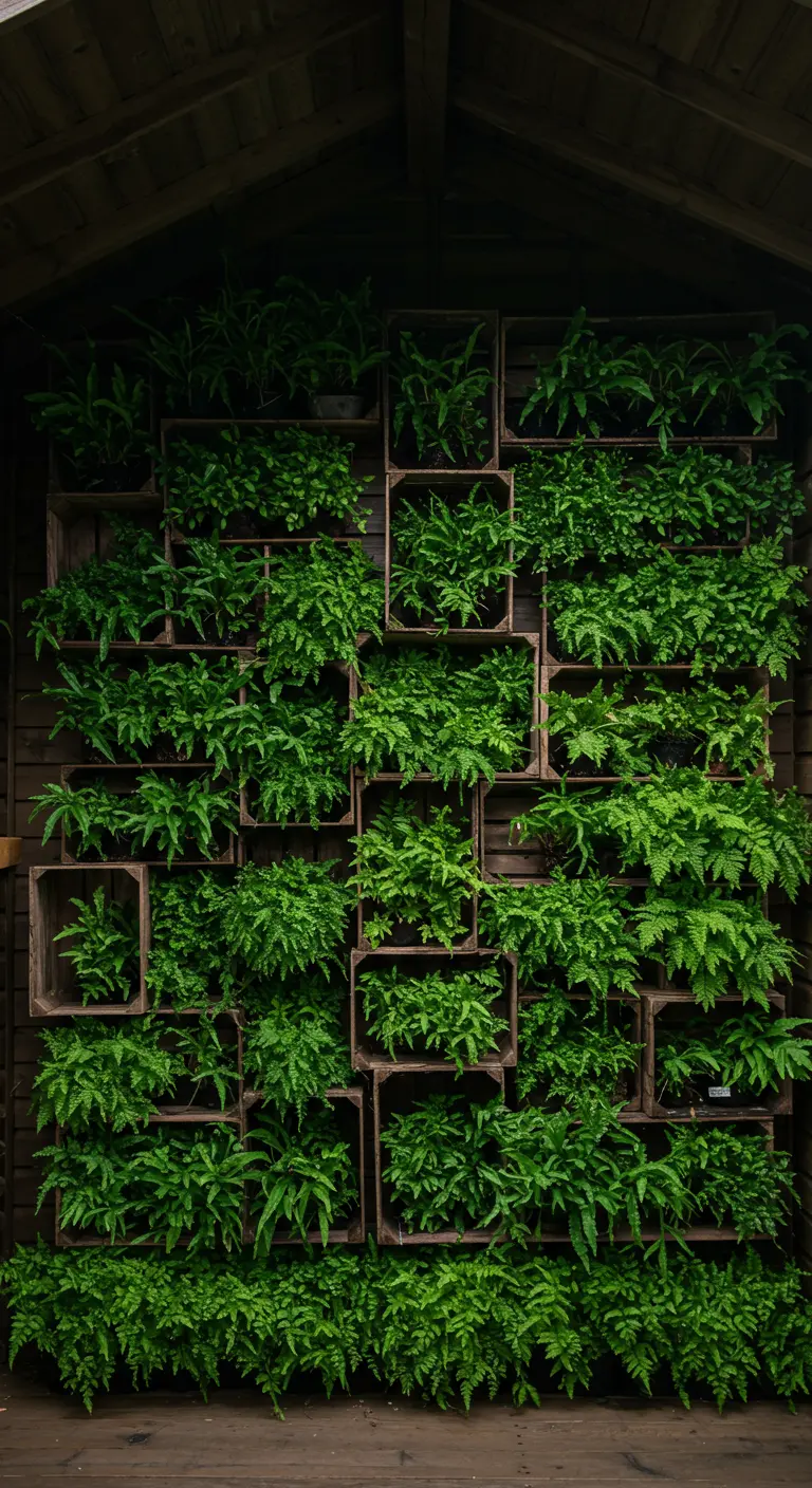 A massive wall completely covered in a grid of wooden crates, each filled with lush green ferns.