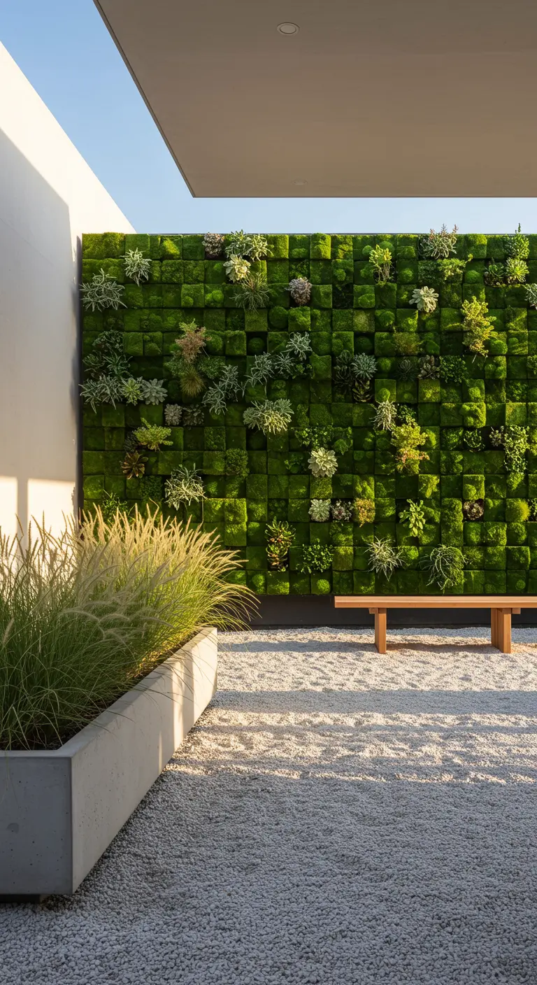 A large, textured living wall made of moss and succulents with a minimalist bench.