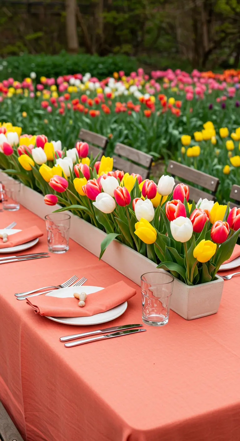 Long table with a coral cloth and a centerpiece of tulips in a long planter box.