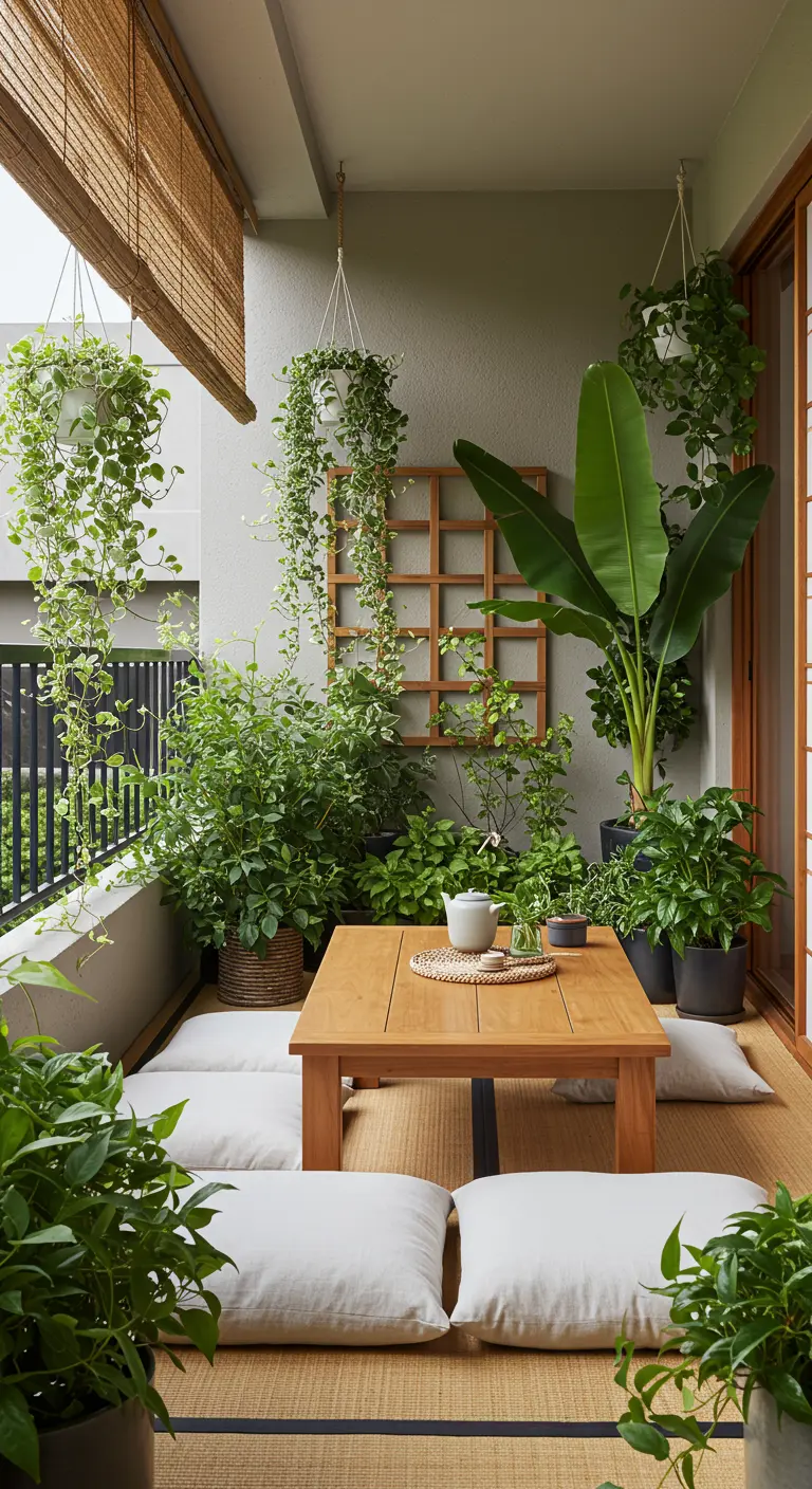 A lush balcony filled with plants, featuring a wooden trellis wall with cascading greenery.