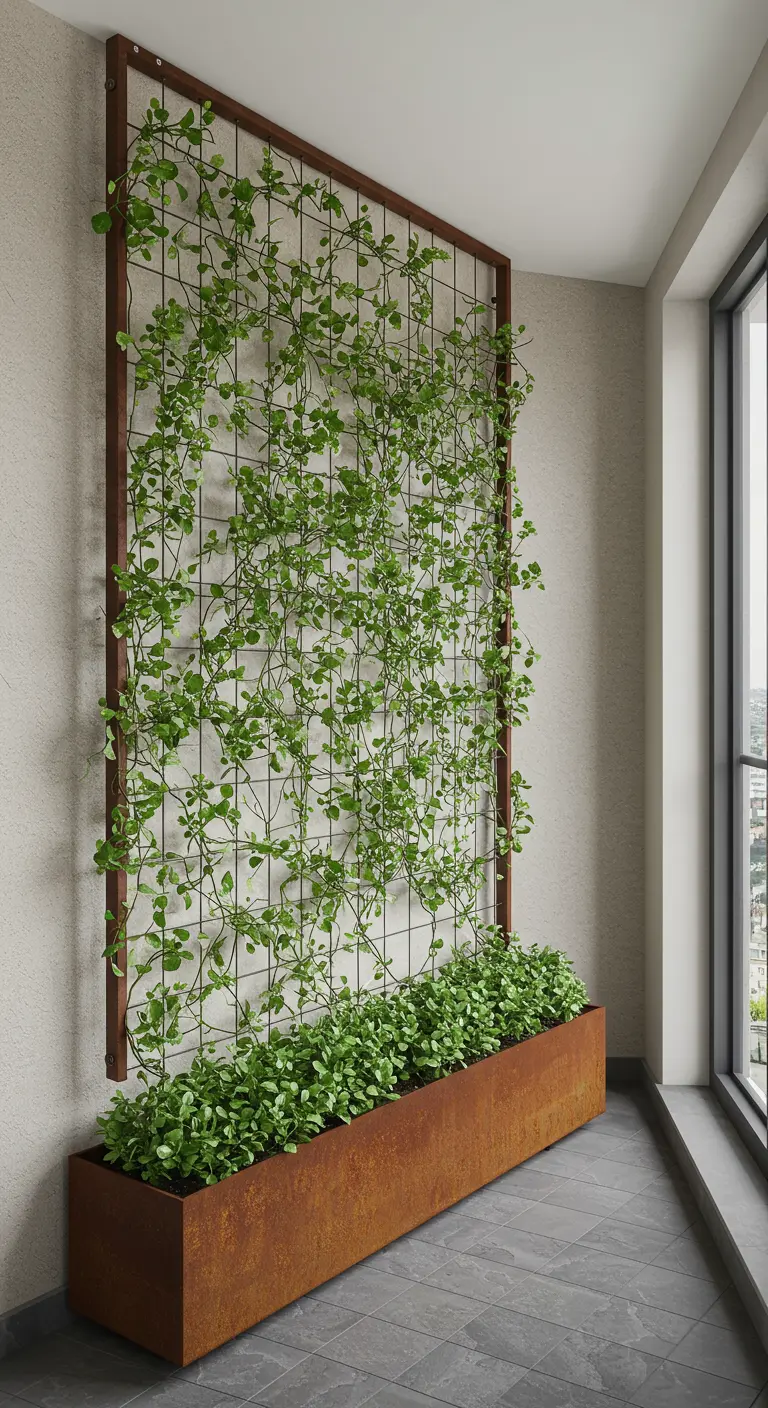 A tall wall trellis covered in green vines, growing from a long Corten steel planter on a balcony.