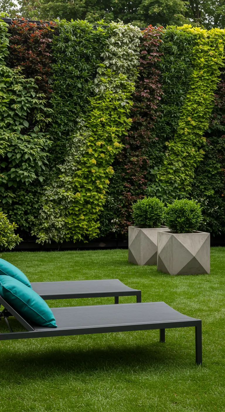 Dark chaise lounges with teal cushions on a lawn in front of a massive living green wall.