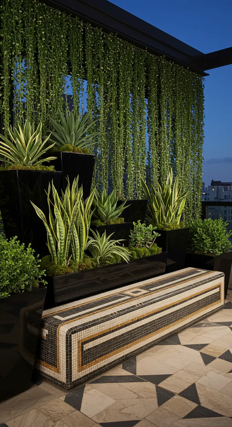 Striped mosaic bench in front of a dramatic curtain of hanging plants.
