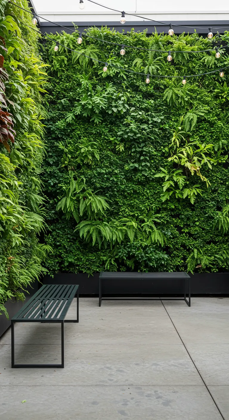 Two black minimalist benches in front of a massive, lush living wall of green plants.