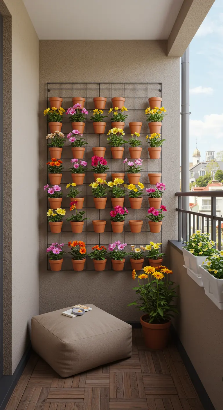 A grid wall on a balcony is covered with a symmetrical arrangement of small flower pots.