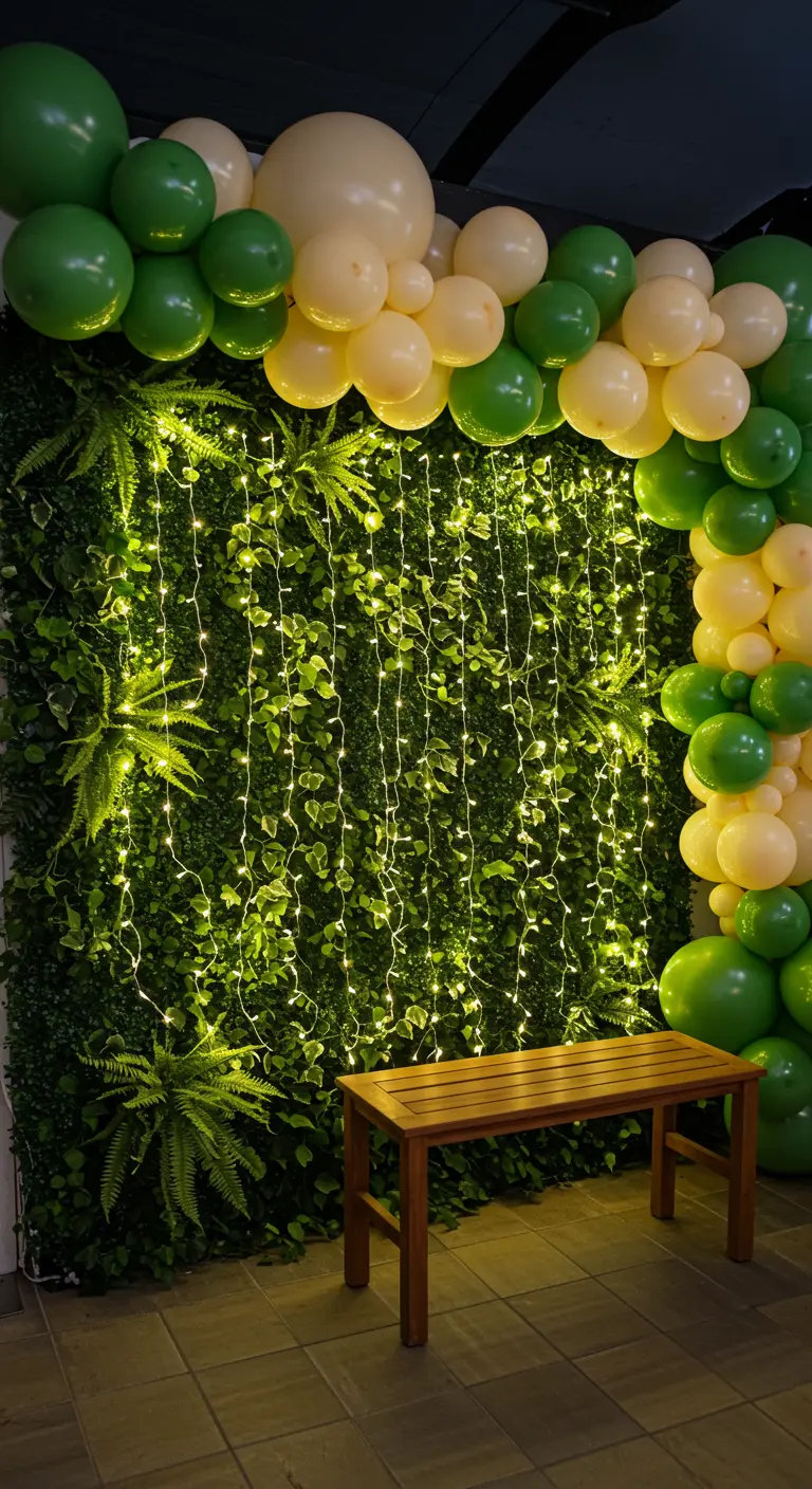 A green and cream balloon arch against a faux greenery wall with integrated fairy lights.
