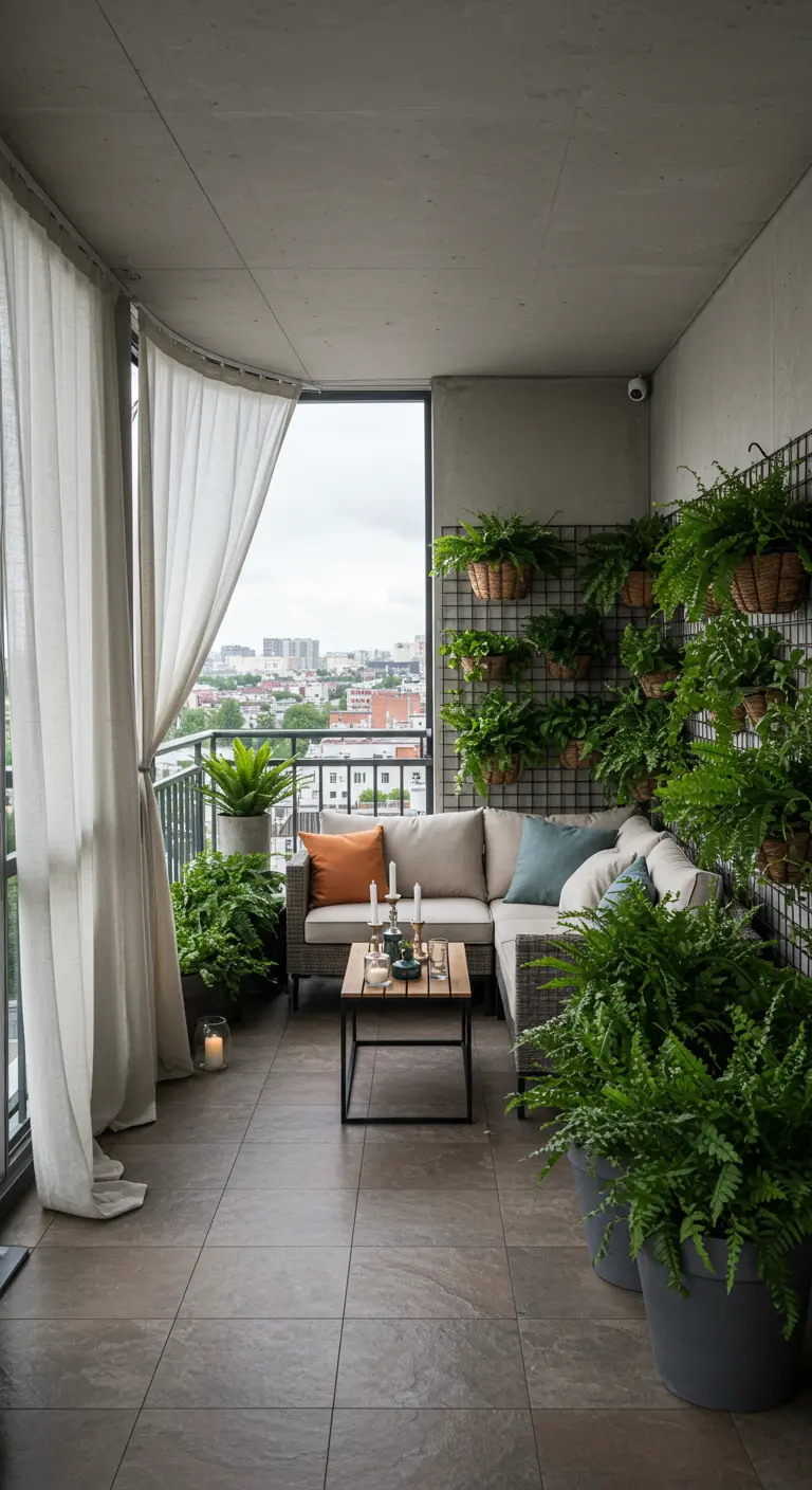 Modern balcony with a sectional sofa and a large vertical garden wall of ferns.