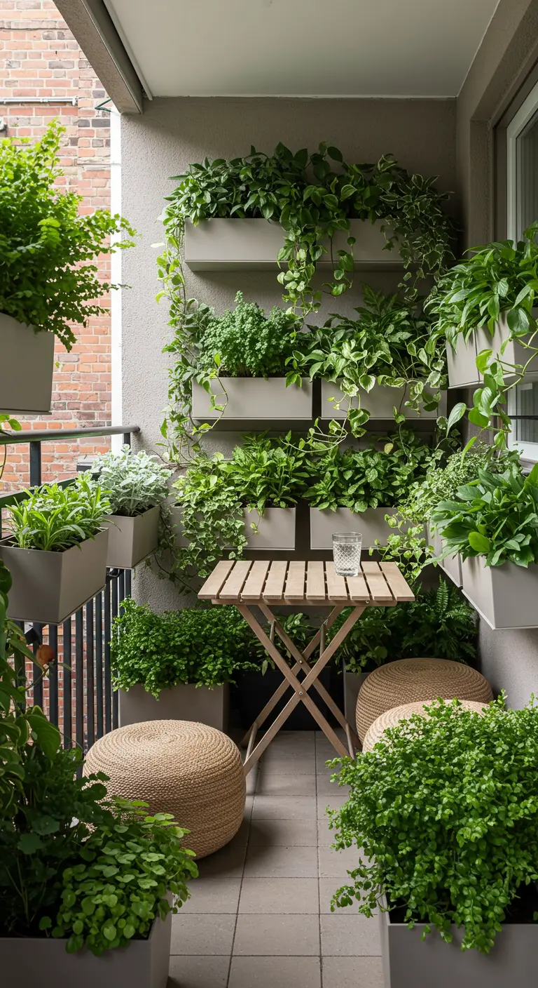 A small balcony overflowing with a lush vertical garden wall and two woven poufs.