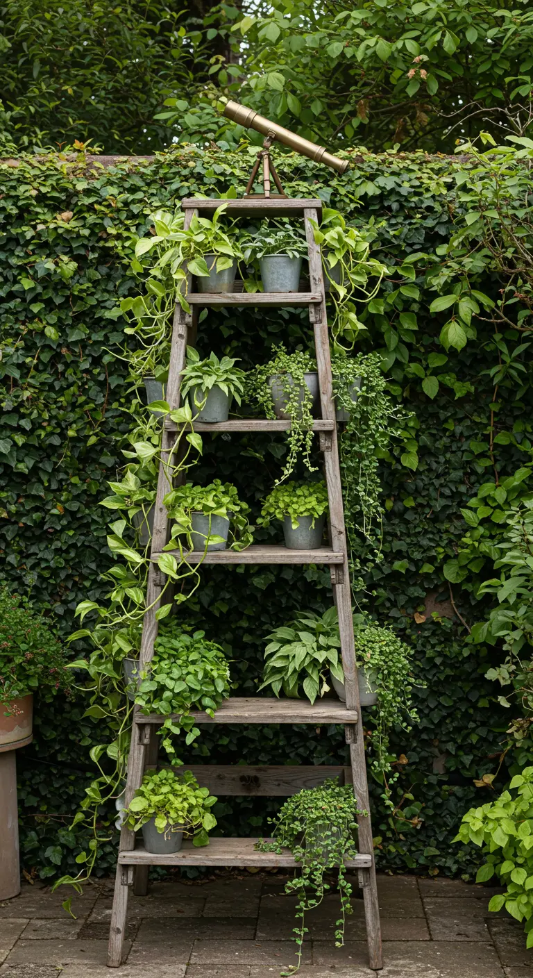 A wooden ladder against an ivy wall, overflowing with various trailing green plants.