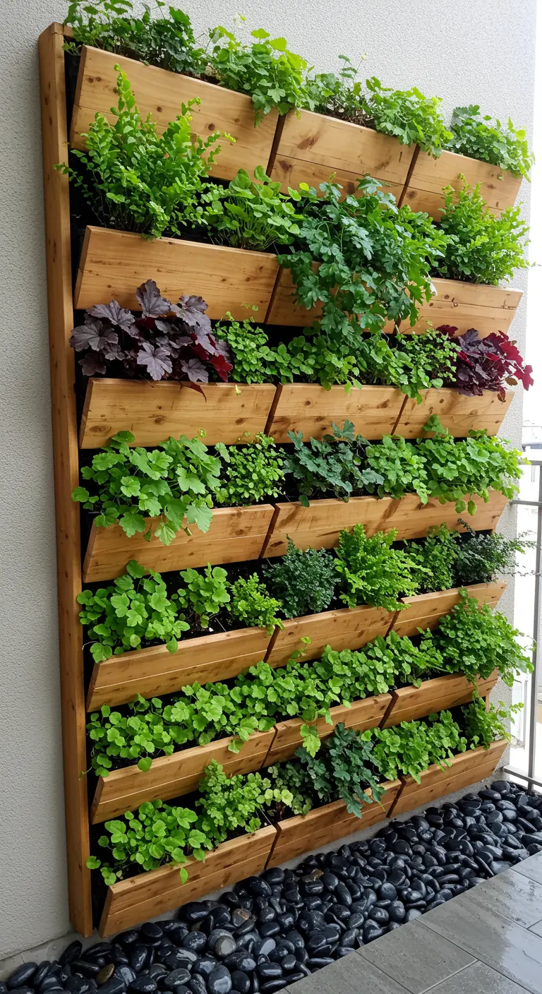 A lush vertical garden on a wall with various green and red plants.