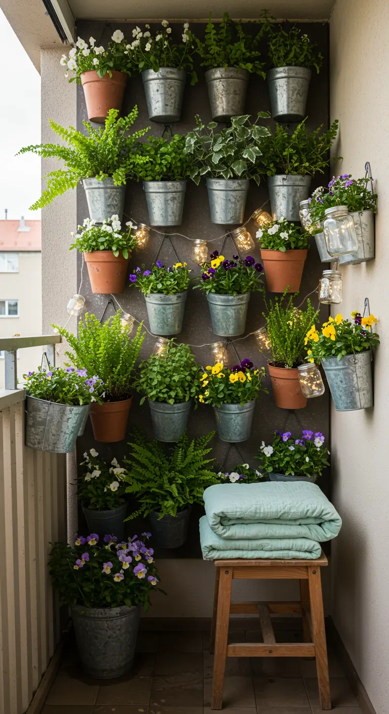 A balcony with a vertical garden wall of ferns and flowers, lit by string lights.