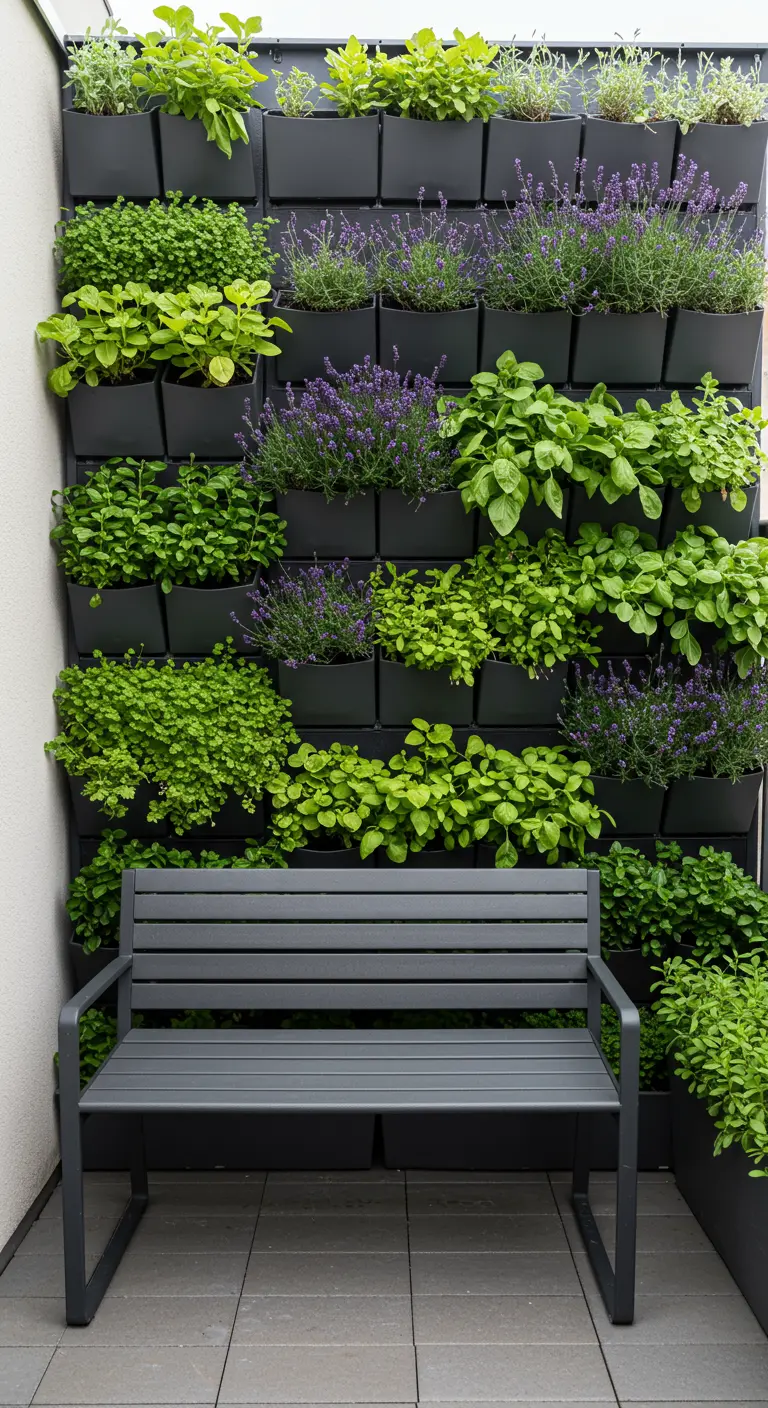 A slim grey bench in front of a large vertical garden wall filled with lavender and other green herbs.