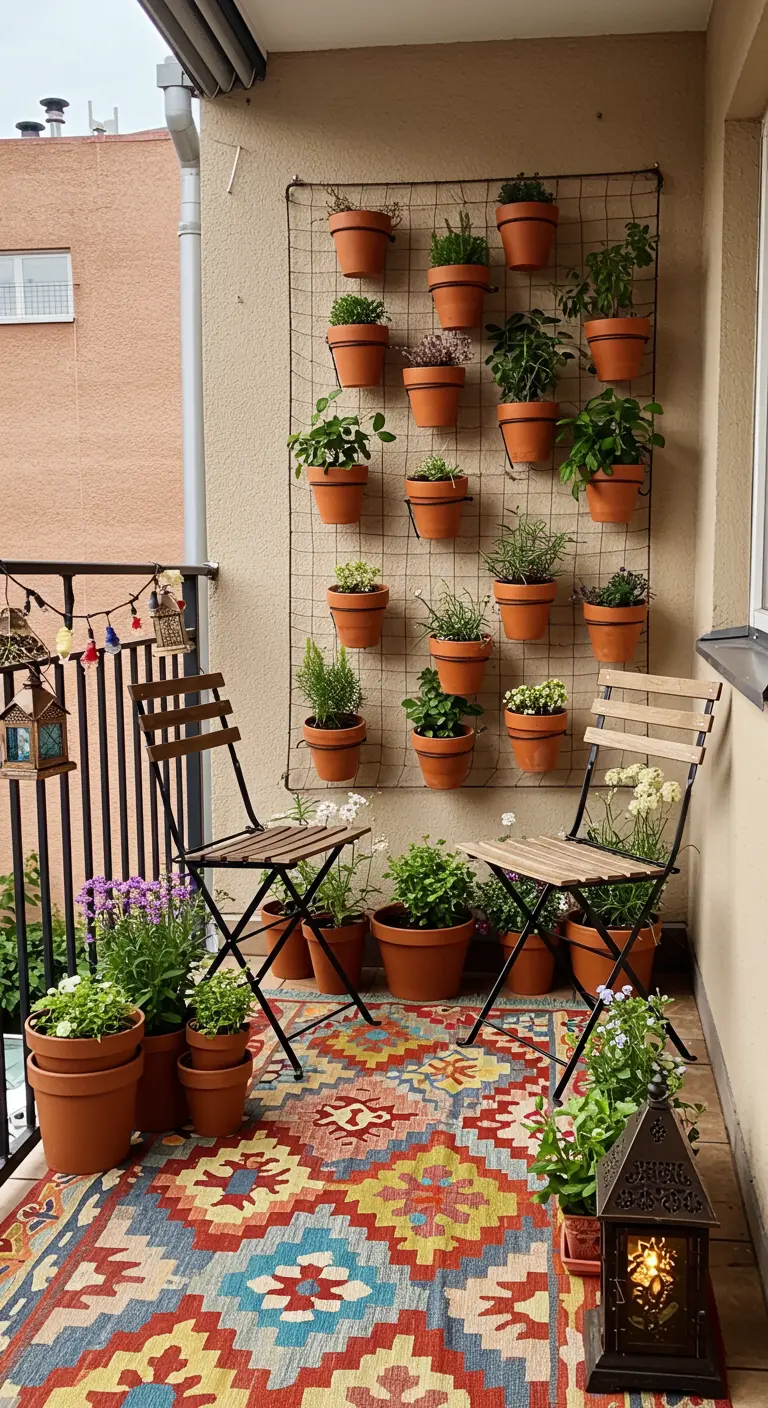 A vertical garden on a balcony wall using a wire grid and terracotta pots.