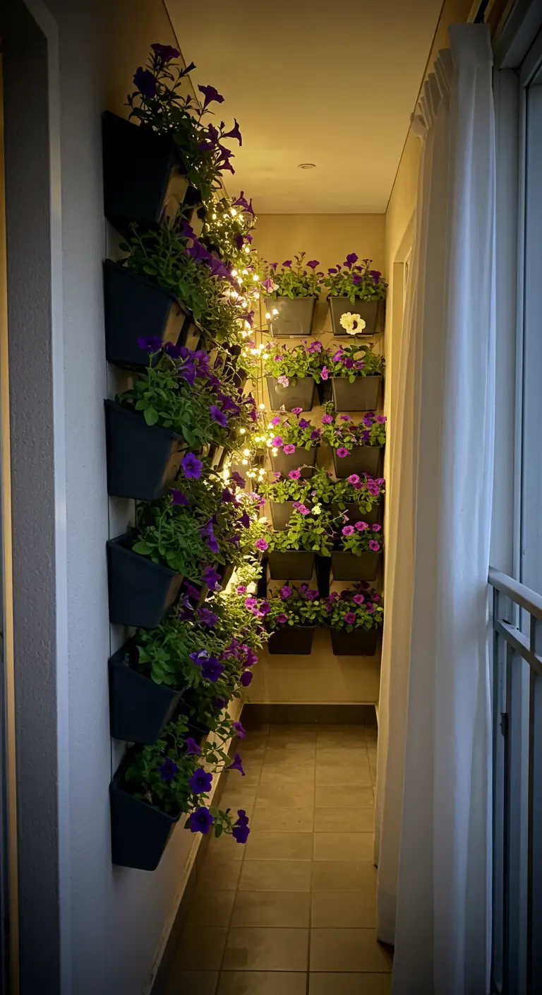 A narrow balcony featuring a vertical garden wall filled with purple petunias and fairy lights.