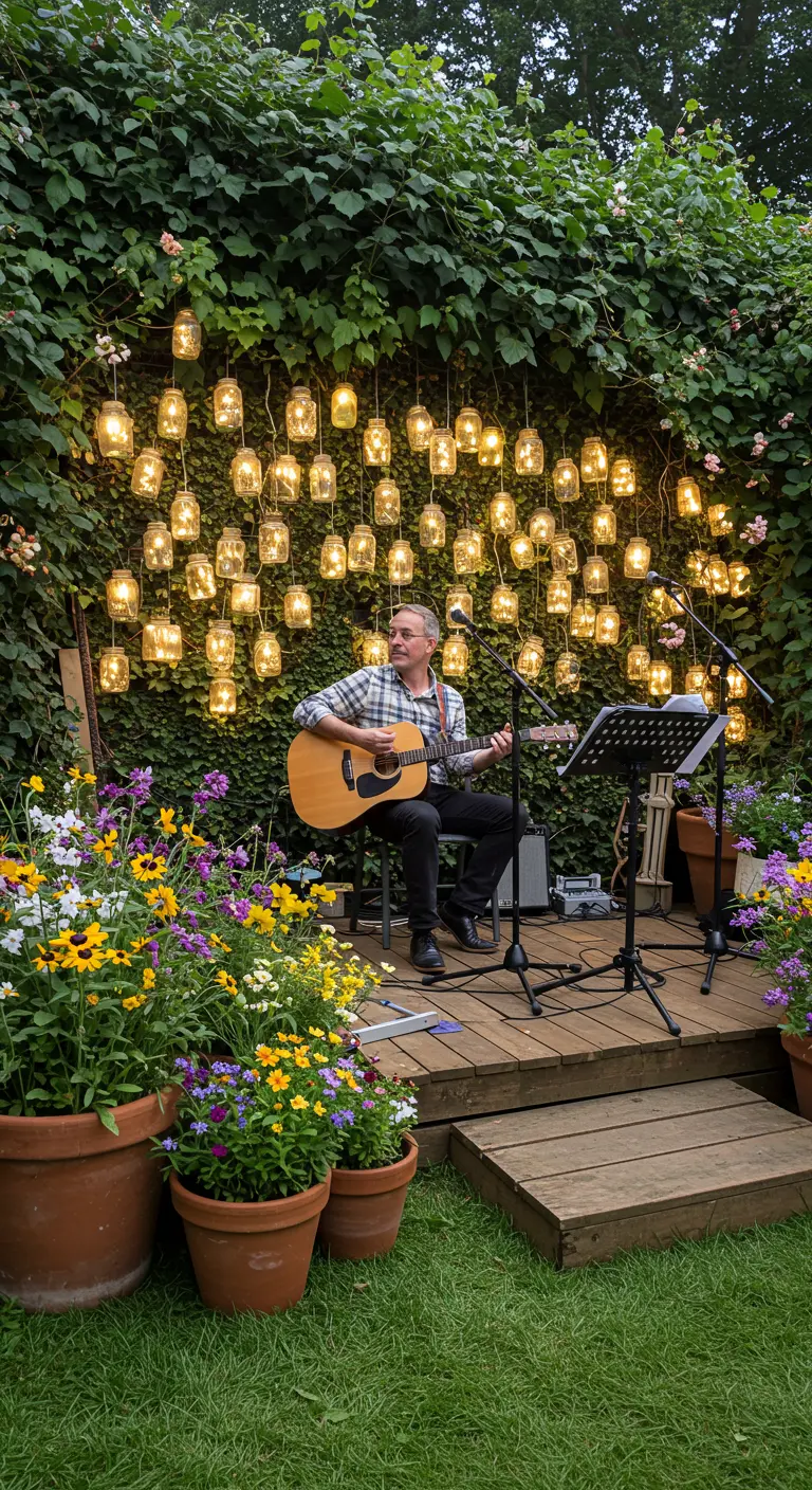 A man plays guitar in front of an ivy wall covered in a grid of glowing mason jar lights.