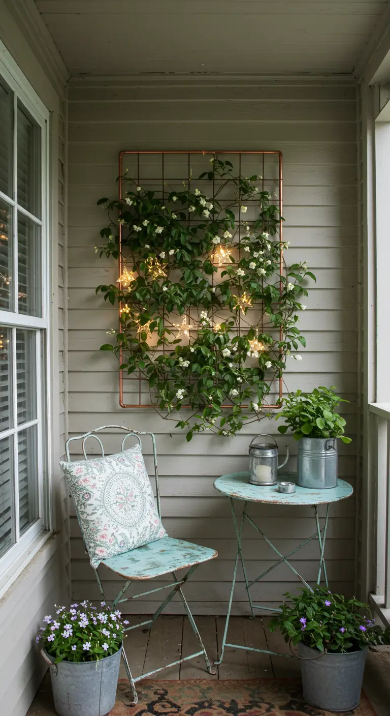 A copper pipe wall grid covered in a flowering vine, with fairy lights twinkling within.