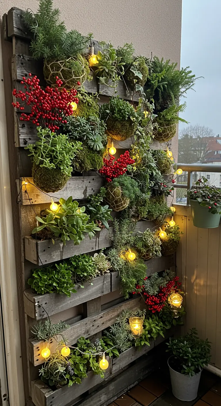 A vertical pallet garden on a balcony, filled with plants, berries, and lights.