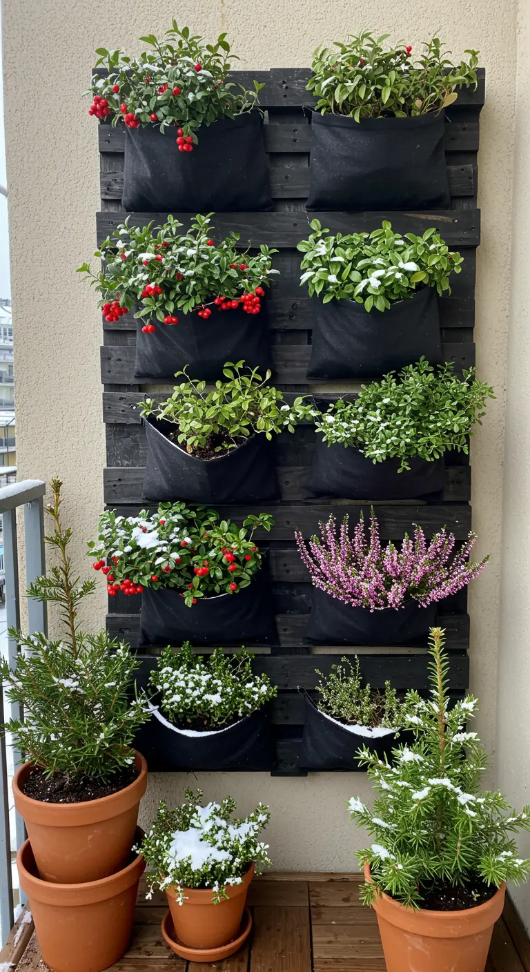 A vertical wall planter with fabric pouches holding various winter plants and berries.