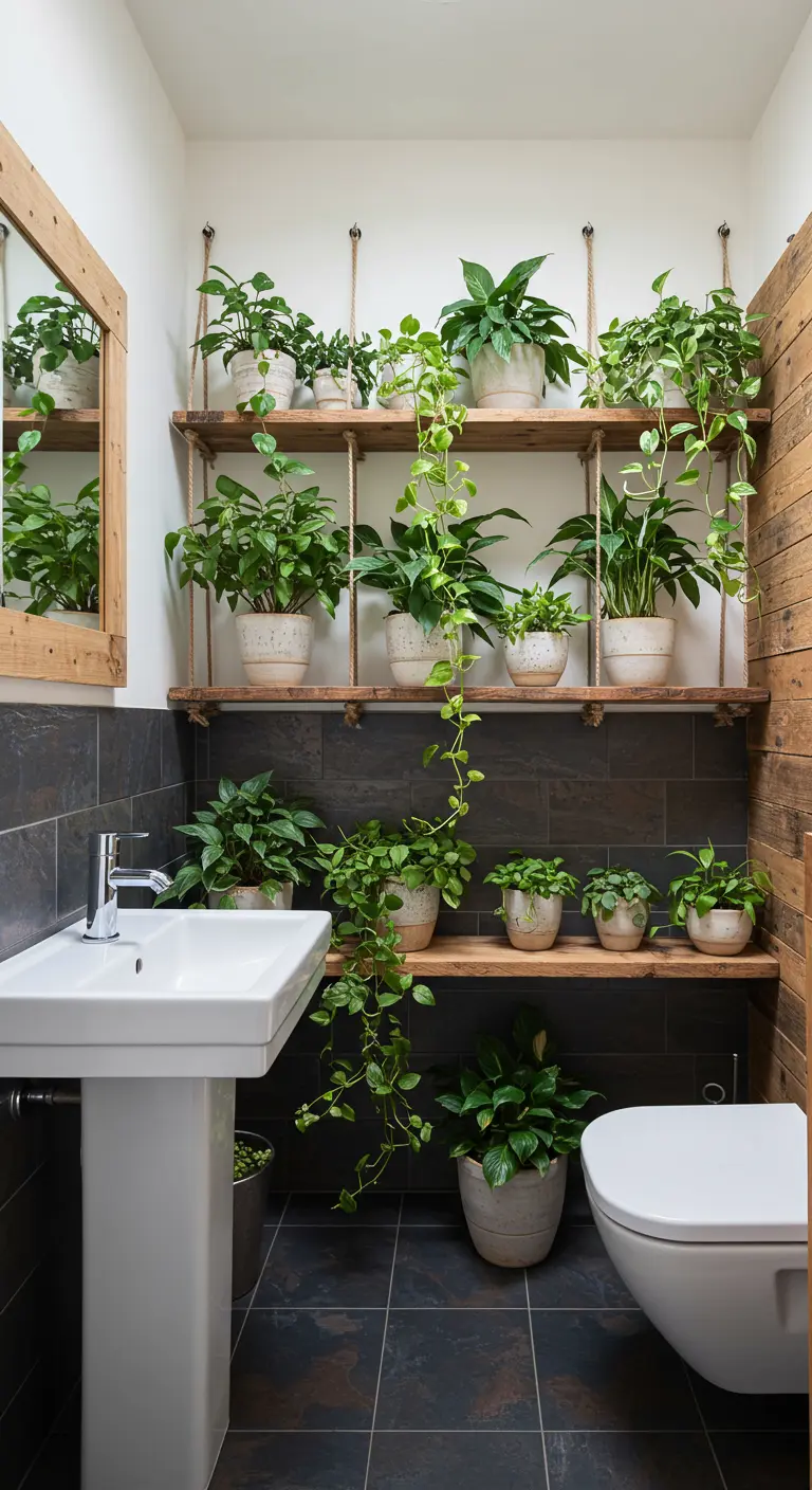 Small bathroom with rope-hung wooden shelves filled with numerous green potted plants.