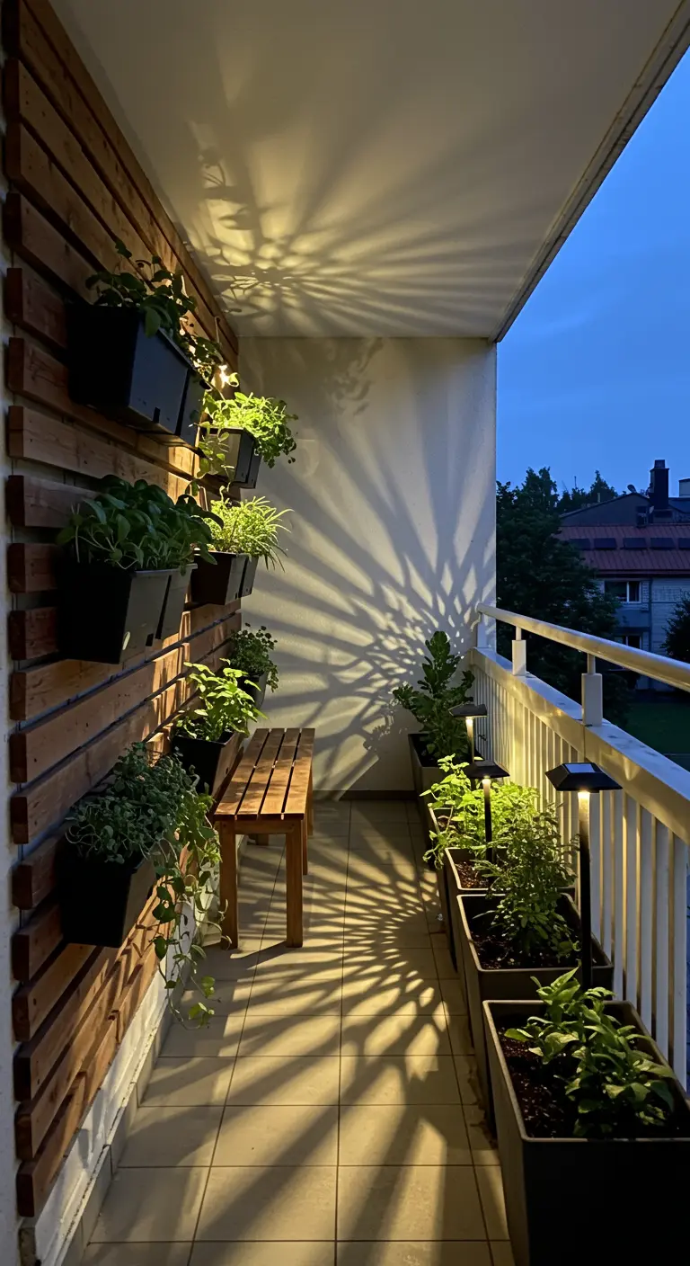 Balcony with a vertical garden on a wood wall, dramatically lit from below creating leaf shadows.