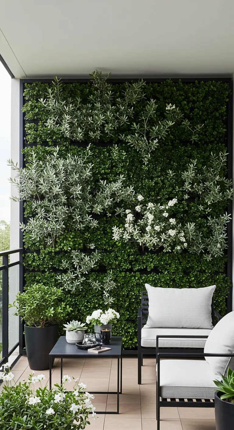 A full green wall with silver-leafed plants behind a black metal armchair.