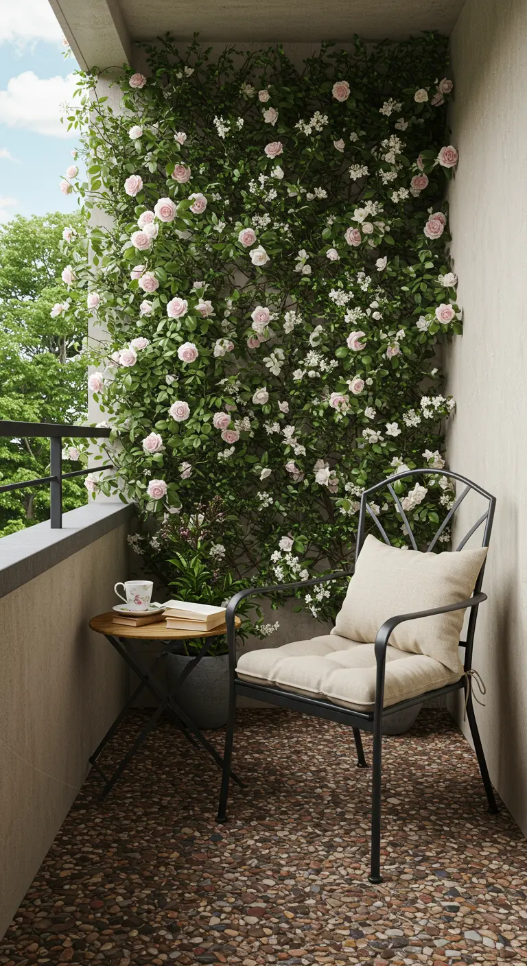 A cozy reading nook with one chair and a small table set against a wall covered in pink roses.