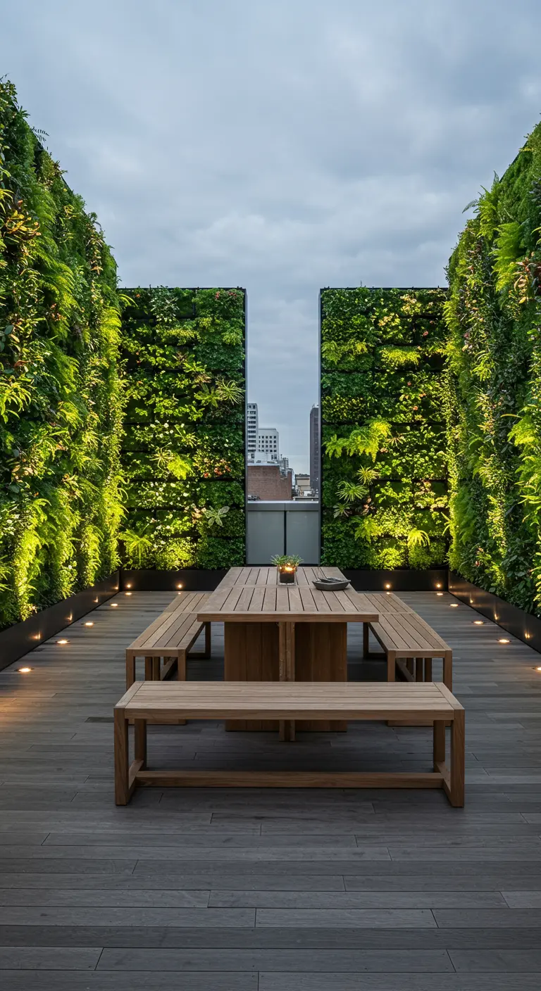 A rooftop dining area flanked by massive, illuminated living green walls.