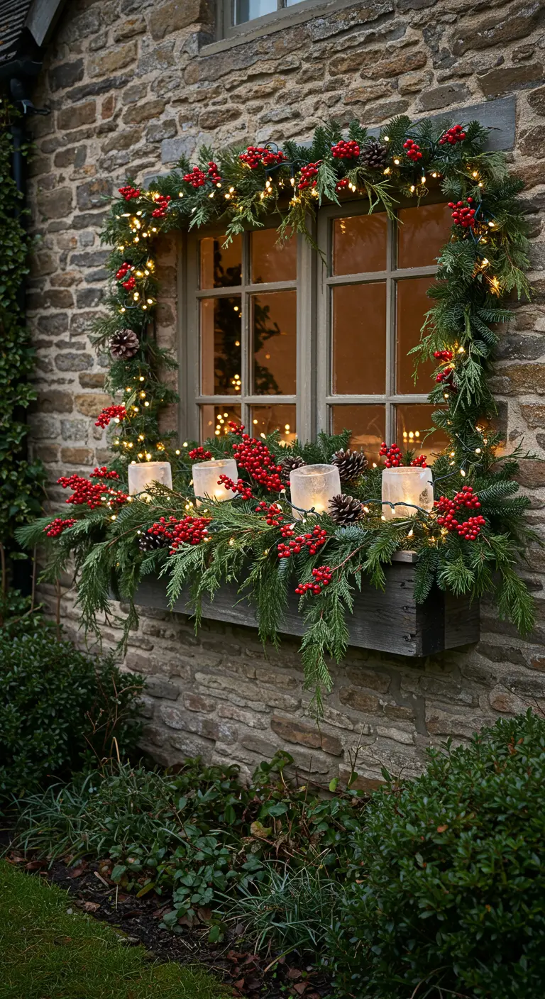 Winter window box filled with evergreens, red berries, pinecones, and glowing ice candles.
