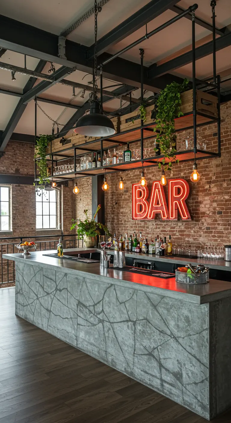 Large industrial-style bar with a cracked concrete front and hanging metal pipe shelves with greenery.