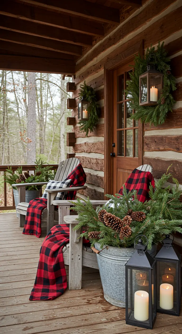 A log cabin porch with chairs, red and black plaid blankets, and buckets of pine.