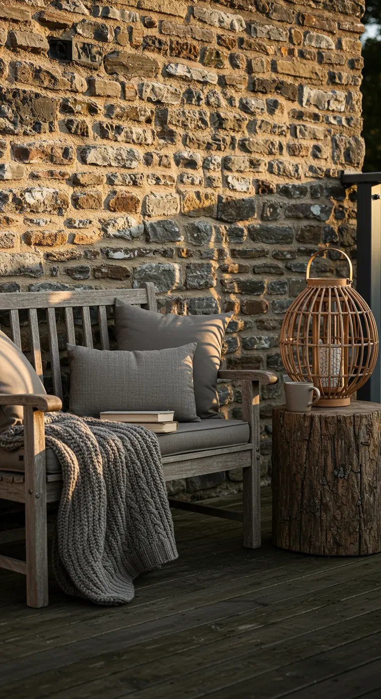 A weathered bench with a chunky knit throw, next to a log side table and wicker lantern.