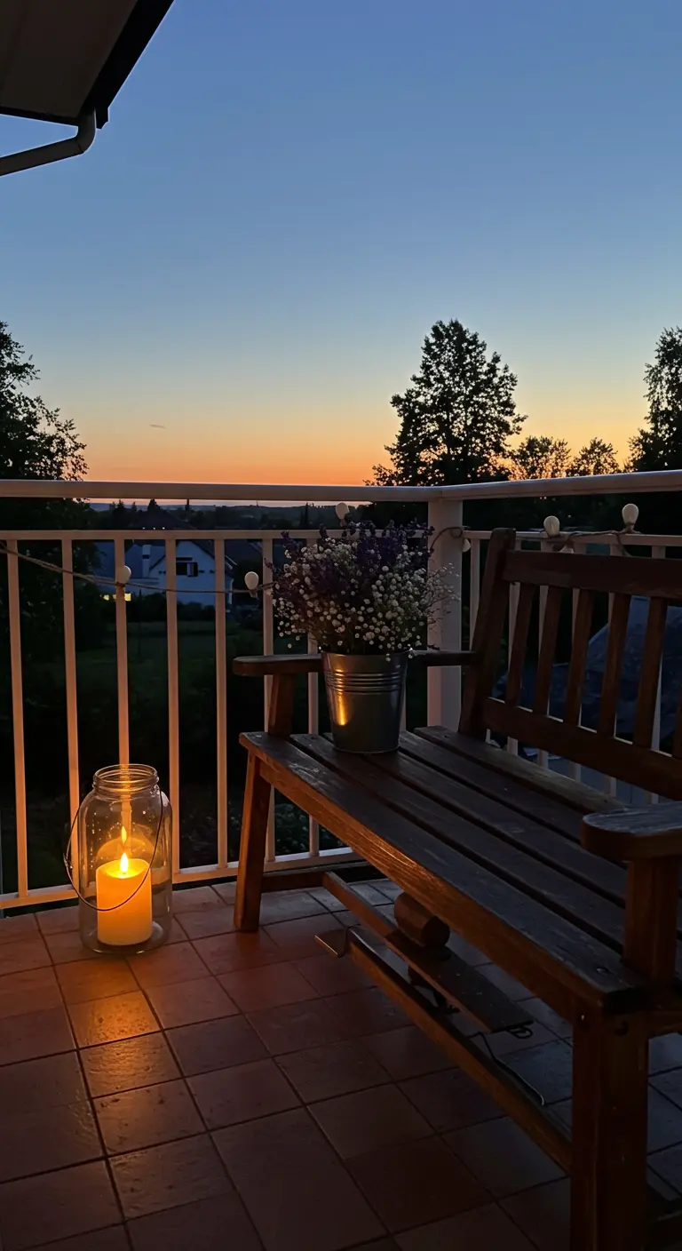 A single large candle glowing inside a glass jar on a balcony floor at dusk.