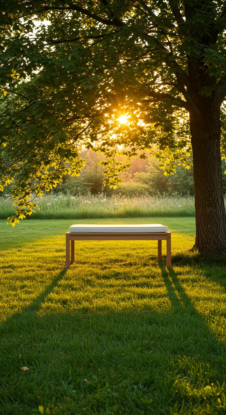 A solitary wood bench with a white cushion on a green lawn under a large tree at sunset.
