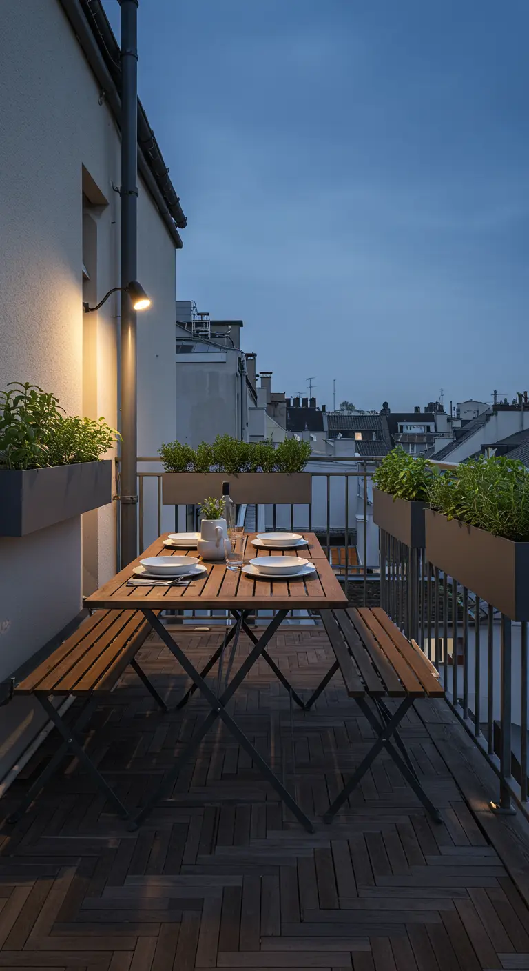A long, narrow balcony set for dinner with a slim table, benches, and railing planters.