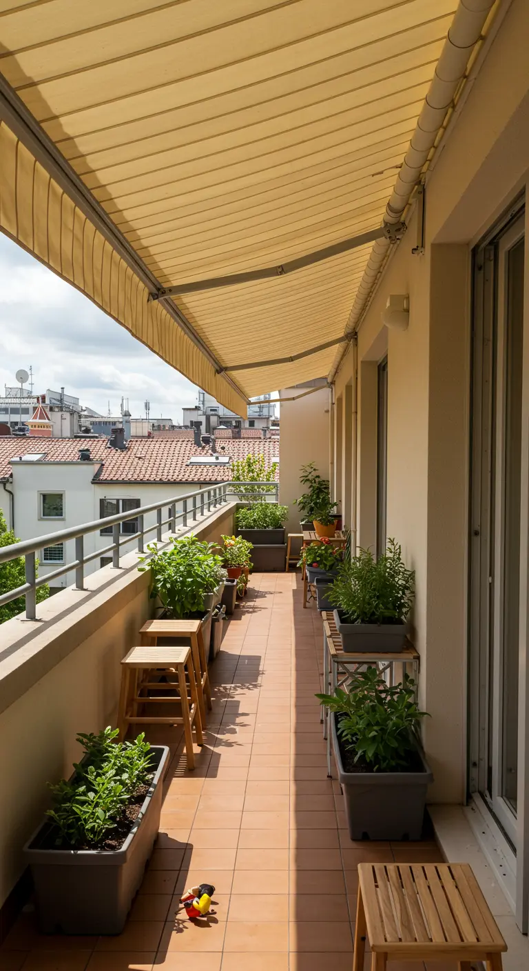 A long, narrow balcony with planters and stools staggered along its length.
