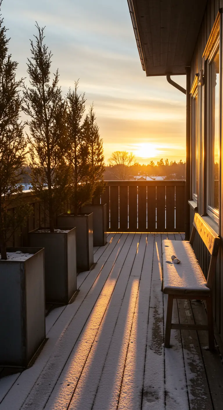 Long shadows from tall planters stretch across a snowy deck during a golden sunset.